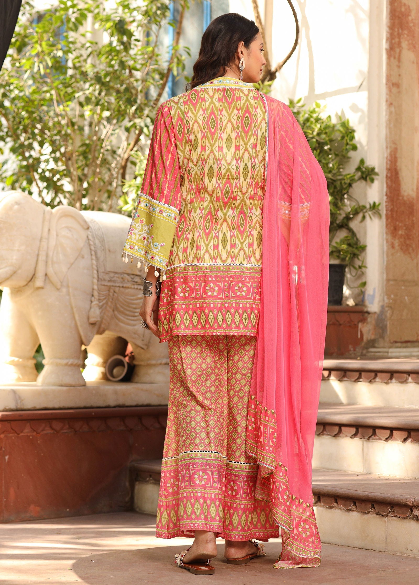 Juniper Green Cotton Ikat Printed Short Kurta Bell Bottom & Dupatta With Threaded Embroidery & Kaudis 