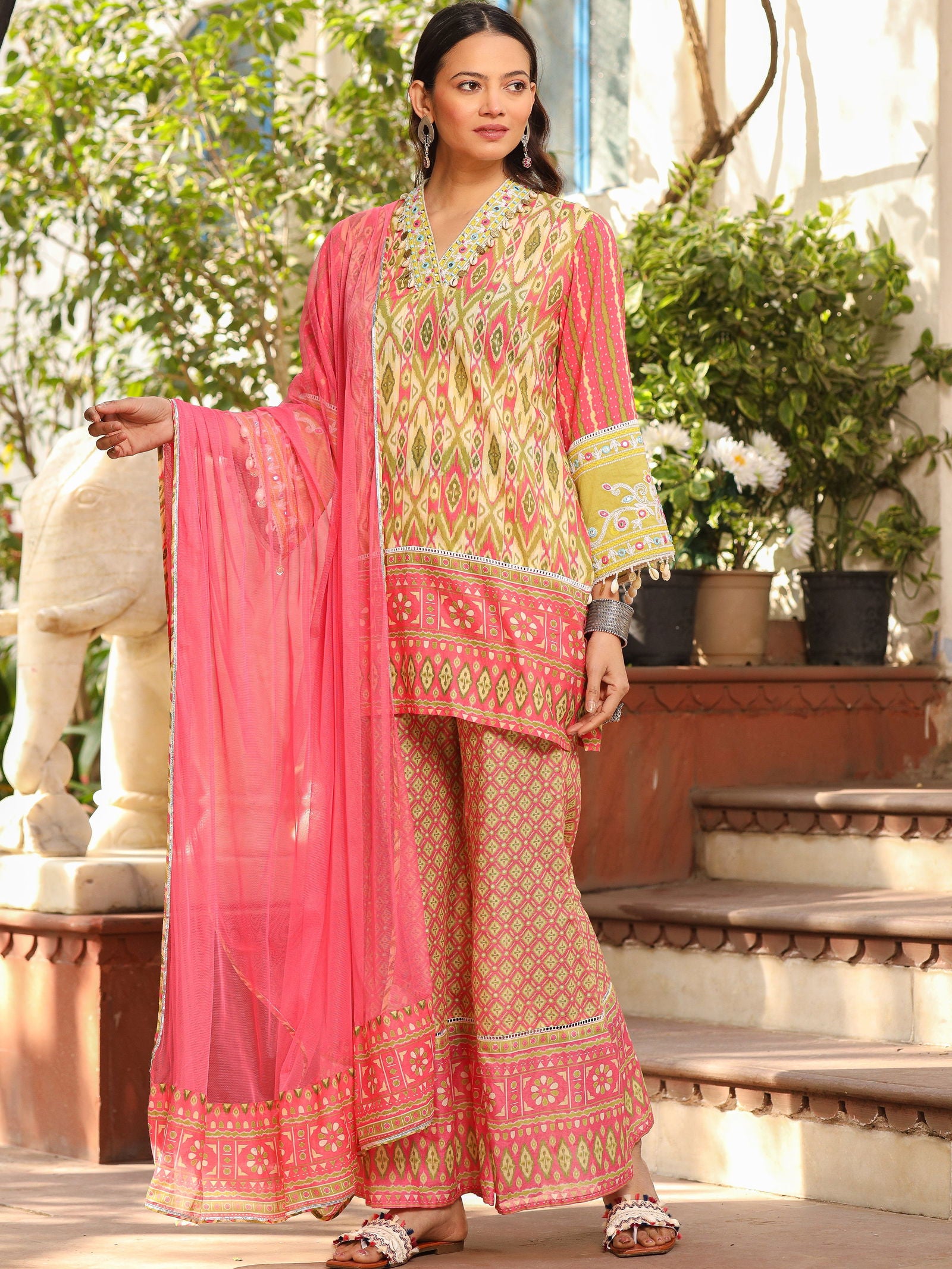 Juniper Green Cotton Ikat Printed Short Kurta Bell Bottom & Dupatta With Threaded Embroidery & Kaudis 