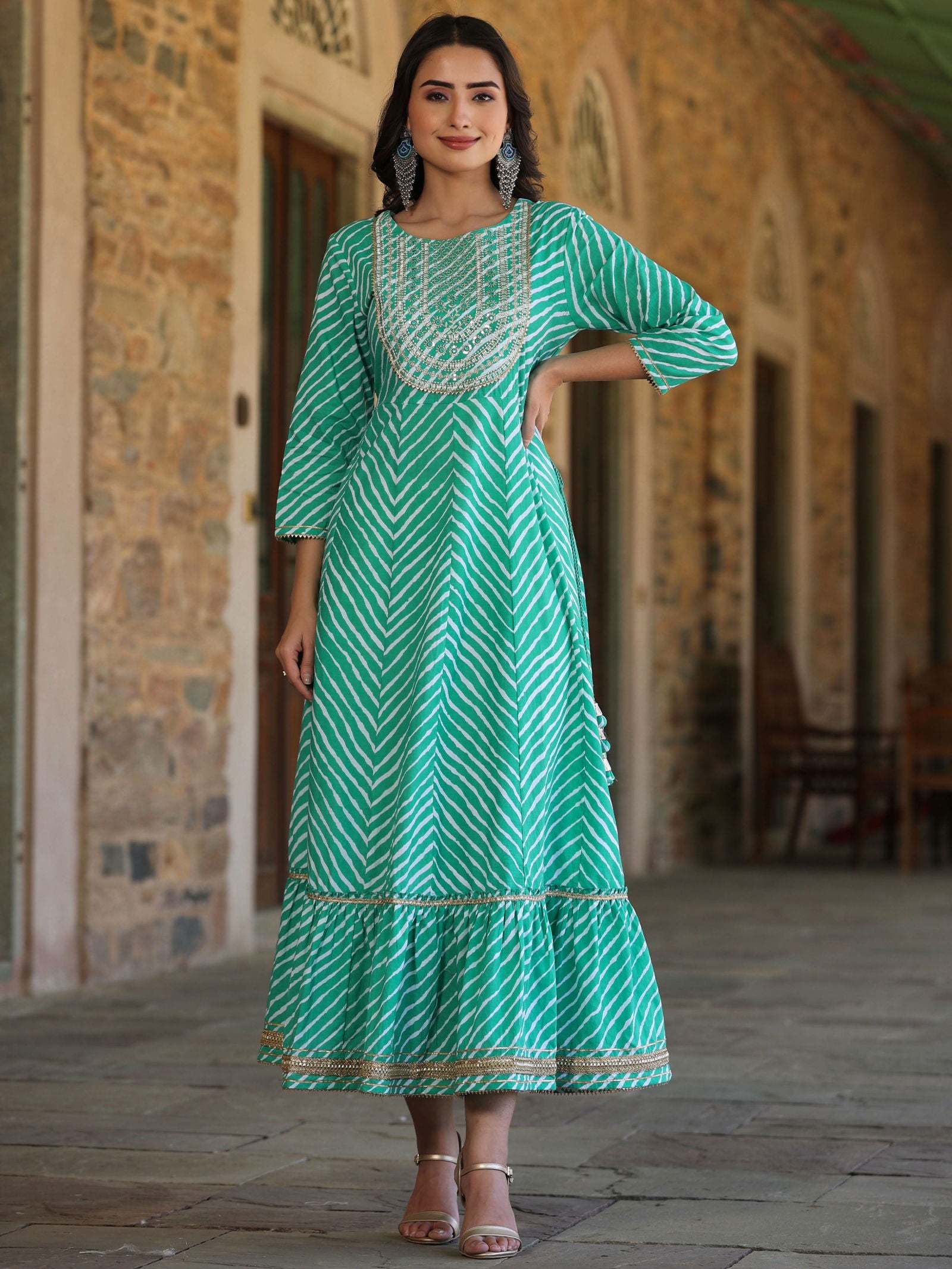 Juniper Green Cotton Leheriya Printed Anarkali Dress With Embroidered Yoke & Dori Tie-Up At Waist 