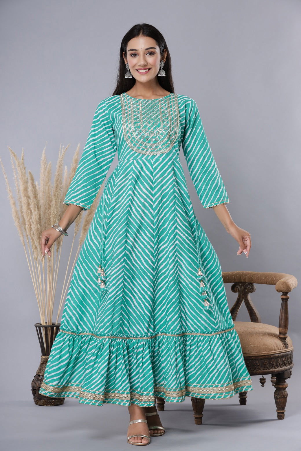 Juniper Green Cotton Leheriya Printed Anarkali Dress with Embroidered Yoke 