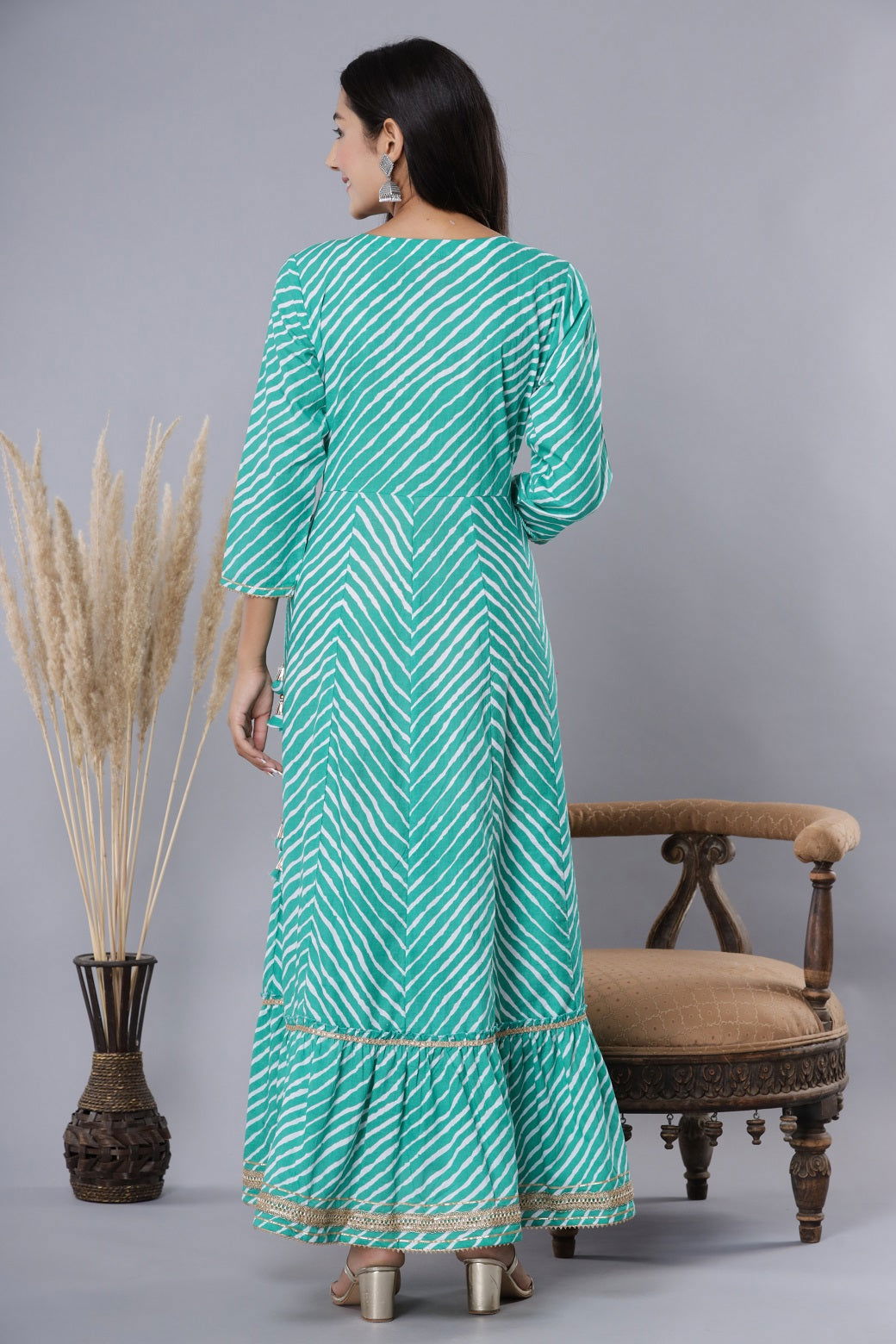 Juniper Green Cotton Leheriya Printed Anarkali Dress with Embroidered Yoke 