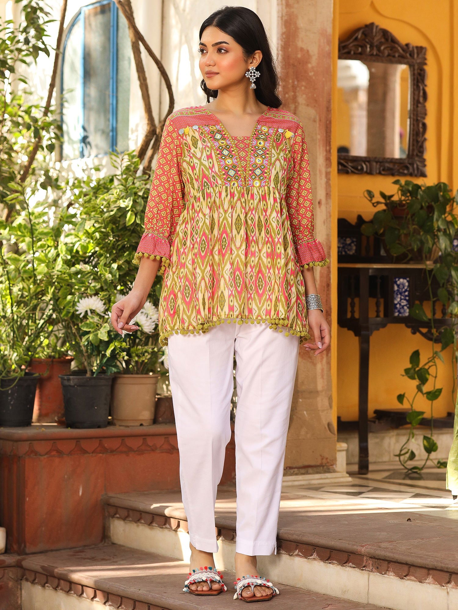 Juniper Green Embroidered Cotton Voile Peplum Tunic 