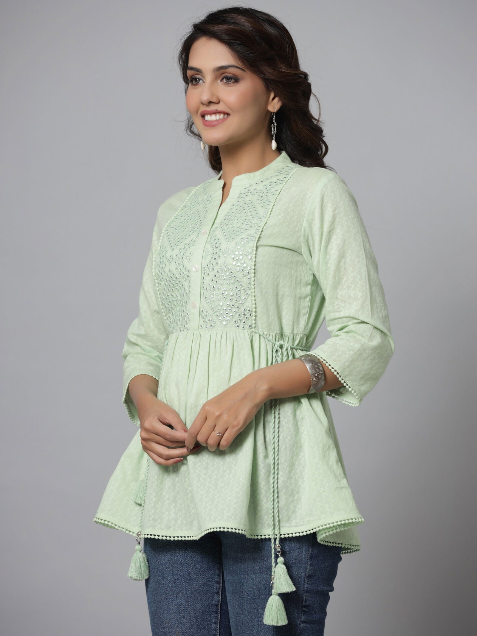 Juniper  Green Ethnic Motif Printed Cotton Dobby Tunic With Mirror Work Embroidery 