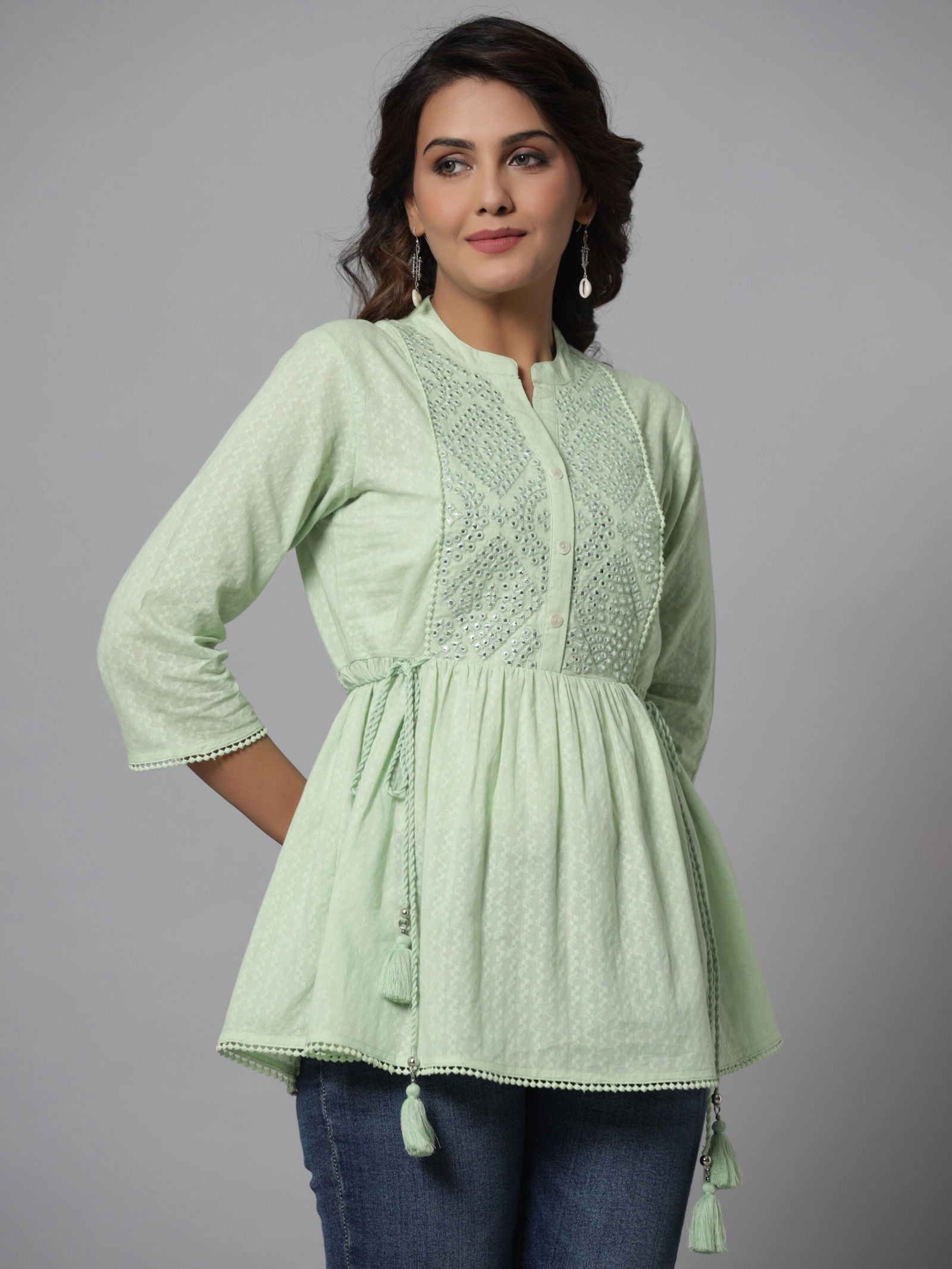 Juniper  Green Ethnic Motif Printed Cotton Dobby Tunic With Mirror Work Embroidery 