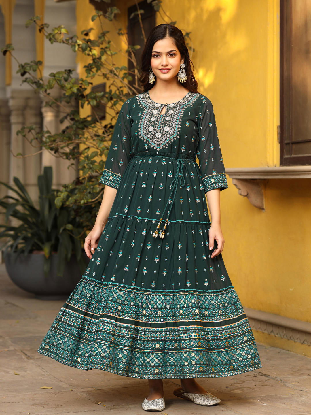 Juniper Green Ethnic Motif Printed Georgette Maxi Dress & Dori With Thread Work 