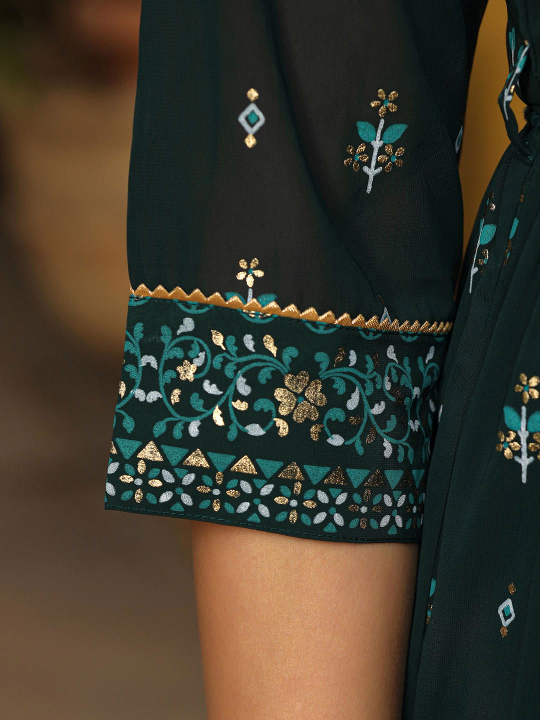 Juniper Green Ethnic Motif Printed Georgette Maxi Dress & Dori With Thread Work 