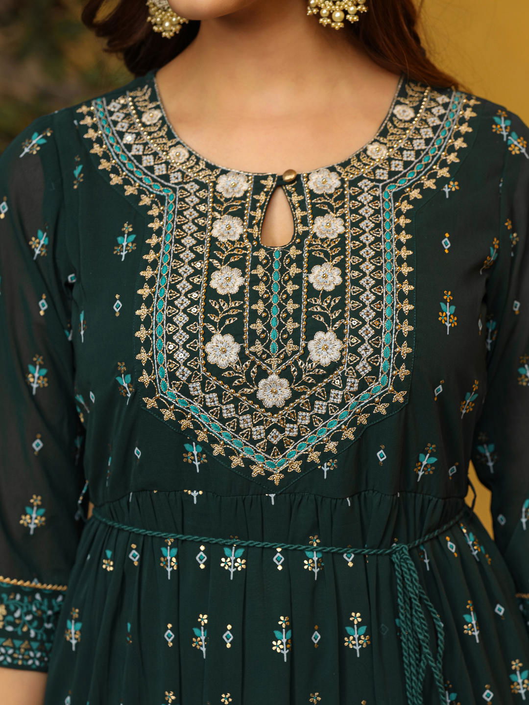 Juniper Green Ethnic Motif Printed Georgette Maxi Dress & Dori With Thread Work 