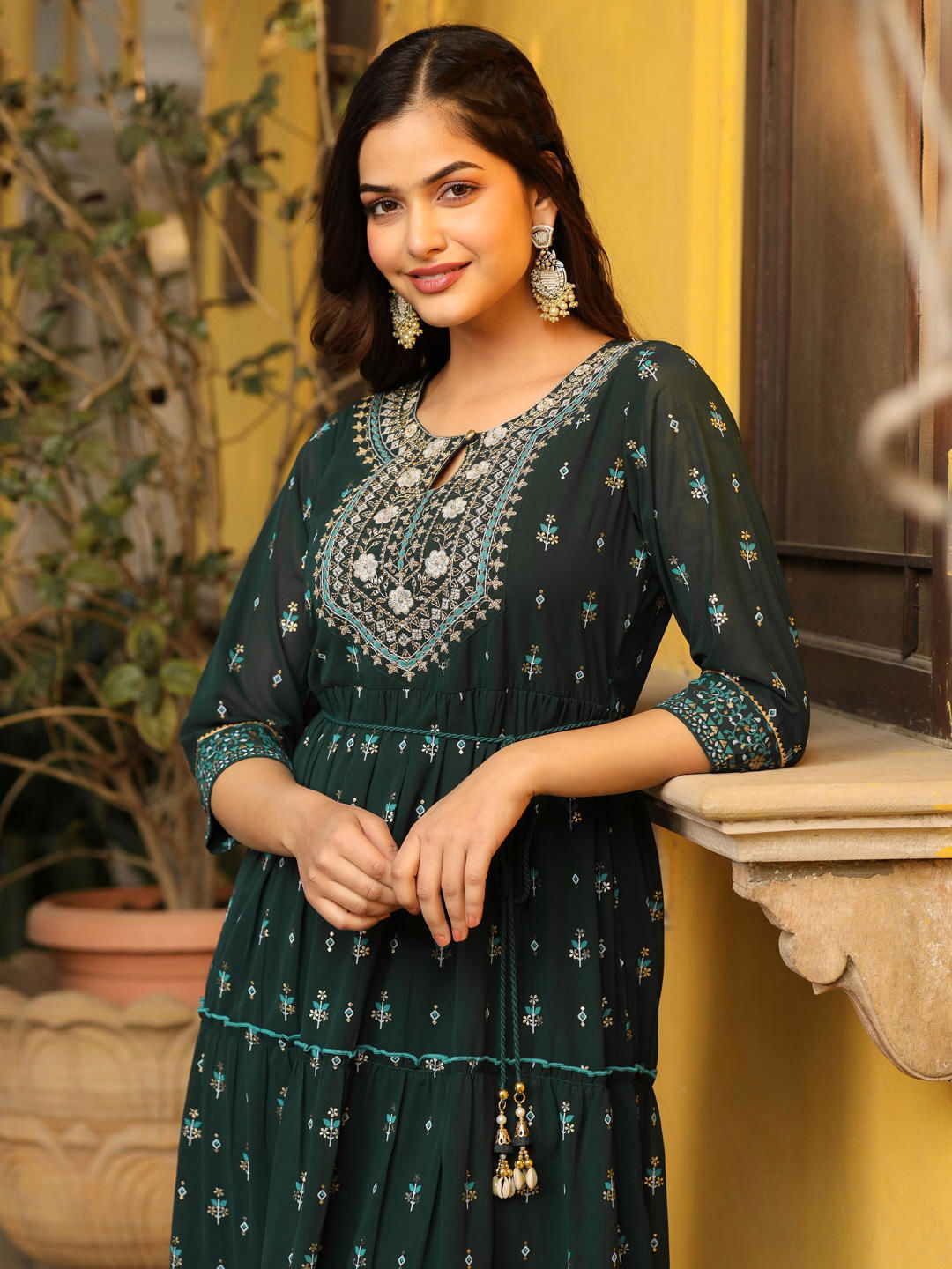 Juniper Green Ethnic Motif Printed Georgette Maxi Dress & Dori With Thread Work 