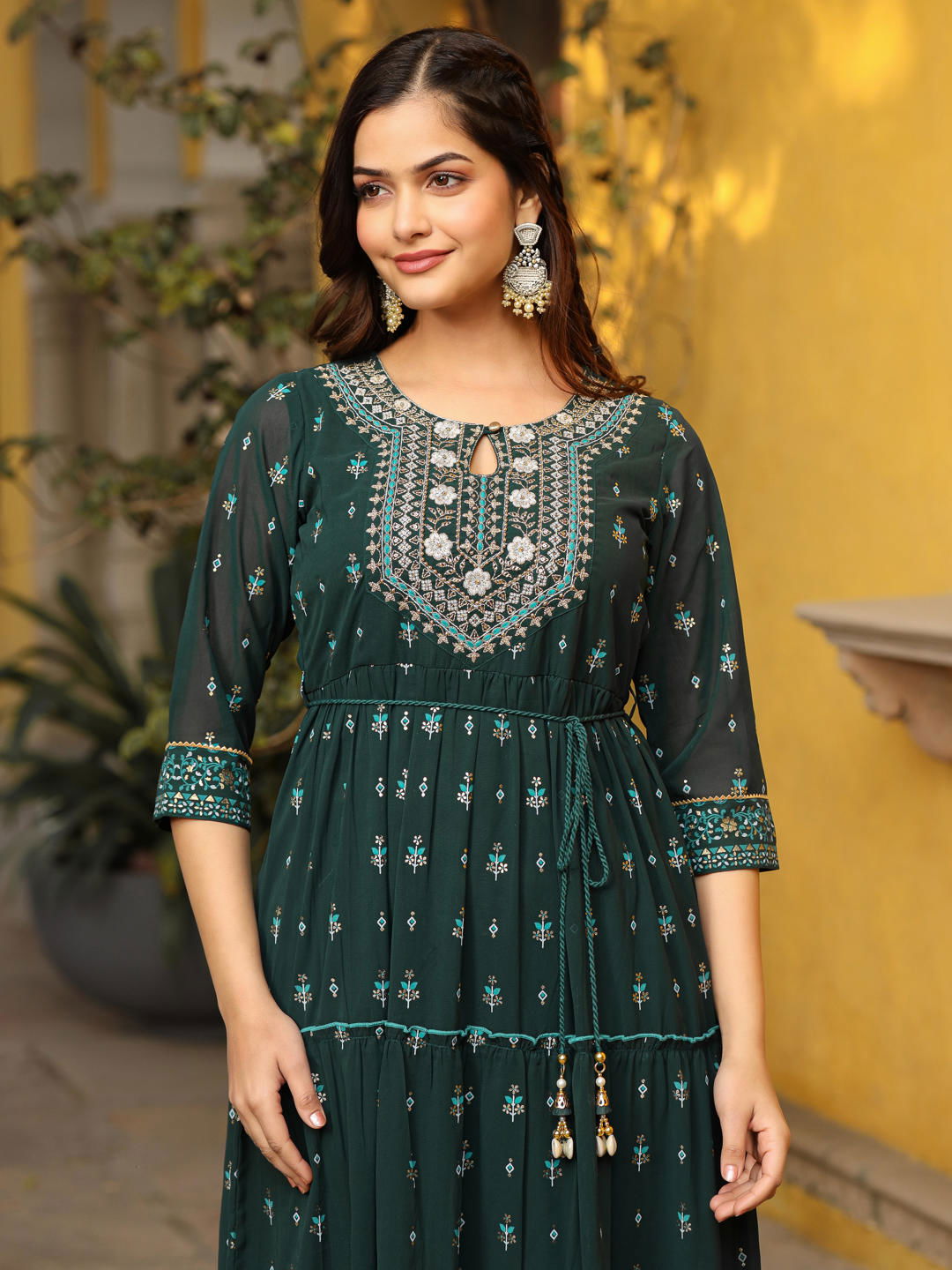 Juniper Green Ethnic Motif Printed Georgette Maxi Dress & Dori With Thread Work 