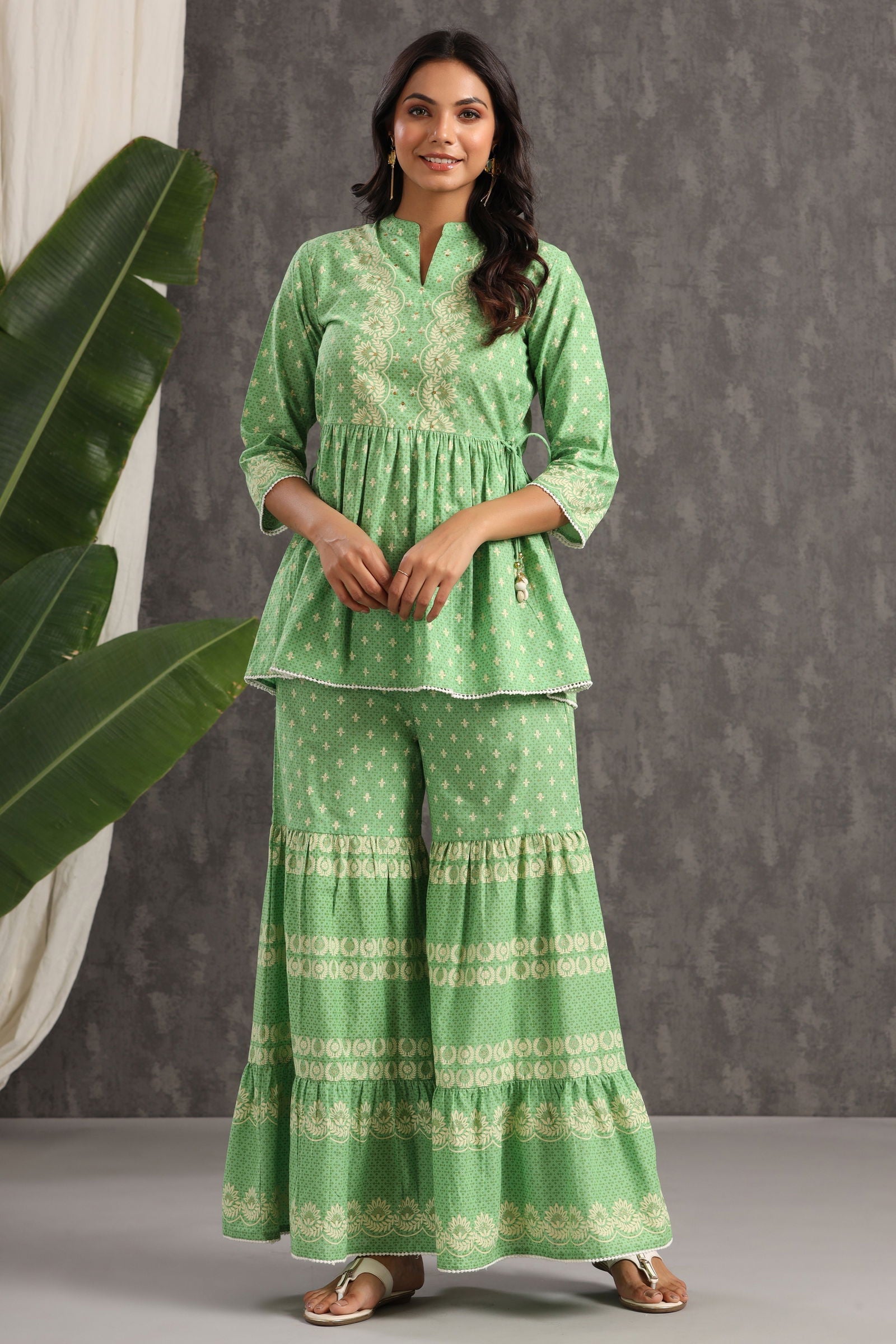 Juniper Green Ethnic Motif Printed Pure Cotton Tunic & Sharara With Sequins & Lace Detail 