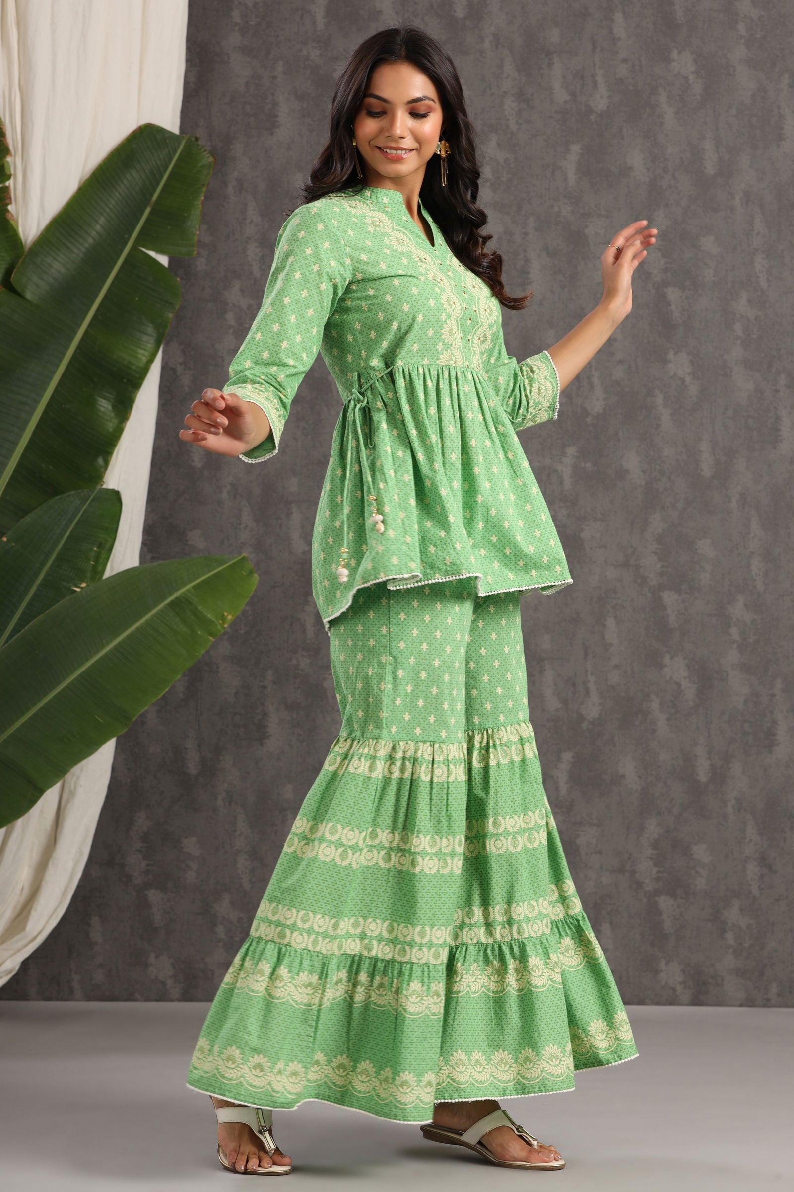 Juniper Green Ethnic Motif Printed Pure Cotton Tunic & Sharara With Sequins & Lace Detail 