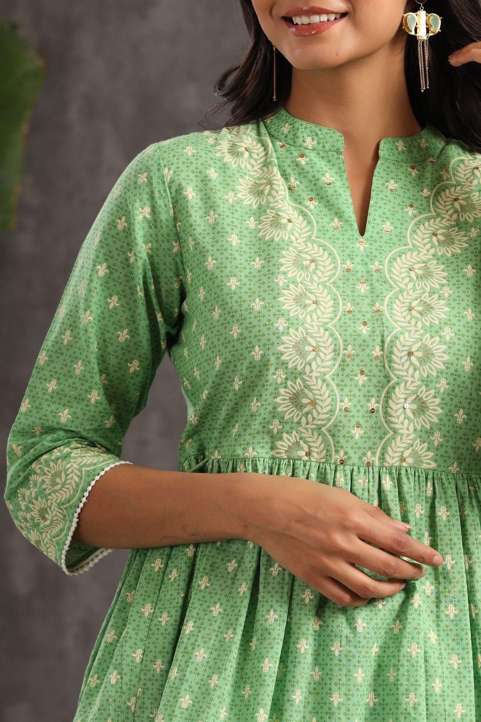 Juniper Green Ethnic Motif Printed Pure Cotton Tunic & Sharara With Sequins & Lace Detail 