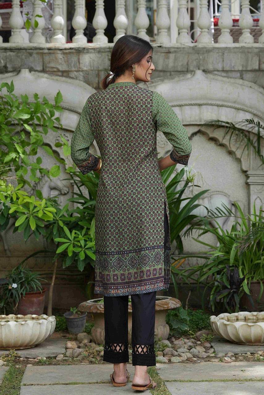 Juniper Green Ethnic Motif Printed Rayon calf length Kurta with Beads & Gota Work 