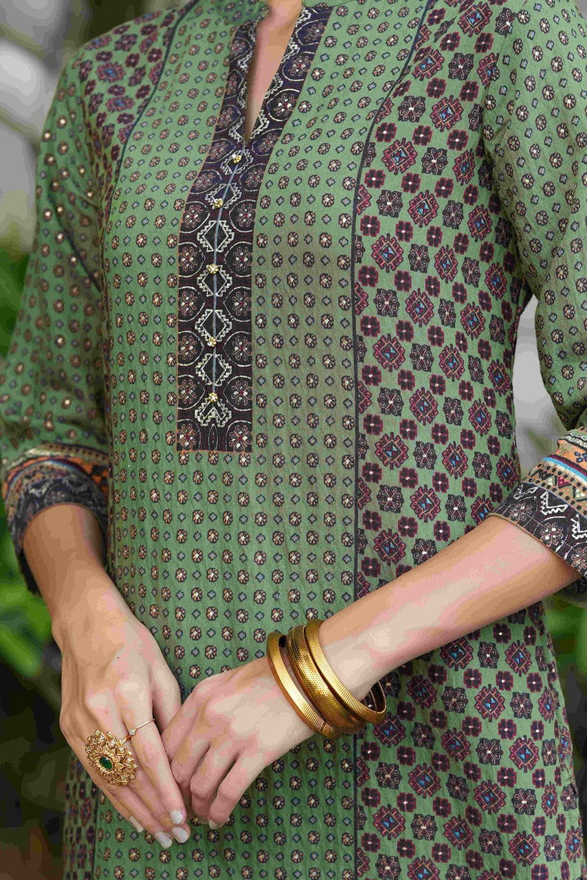 Juniper Green Ethnic Motif Printed Rayon calf length Kurta with Beads & Gota Work 