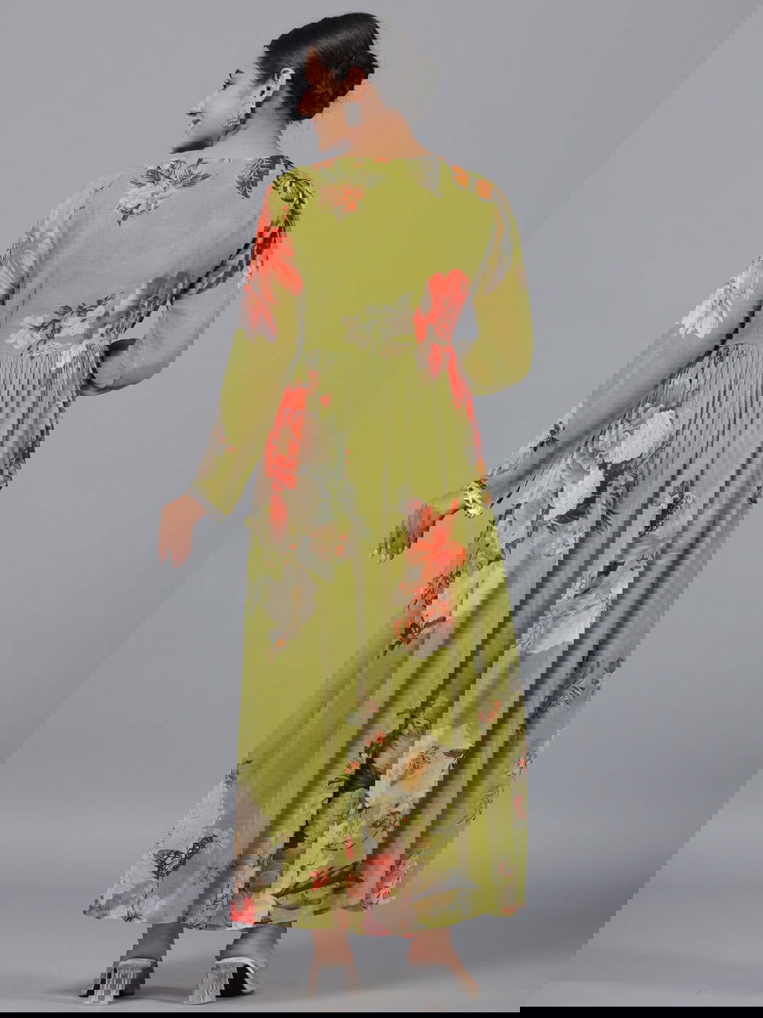 Juniper  Green Floral Printed Georgette Lacy Maxi Dress 