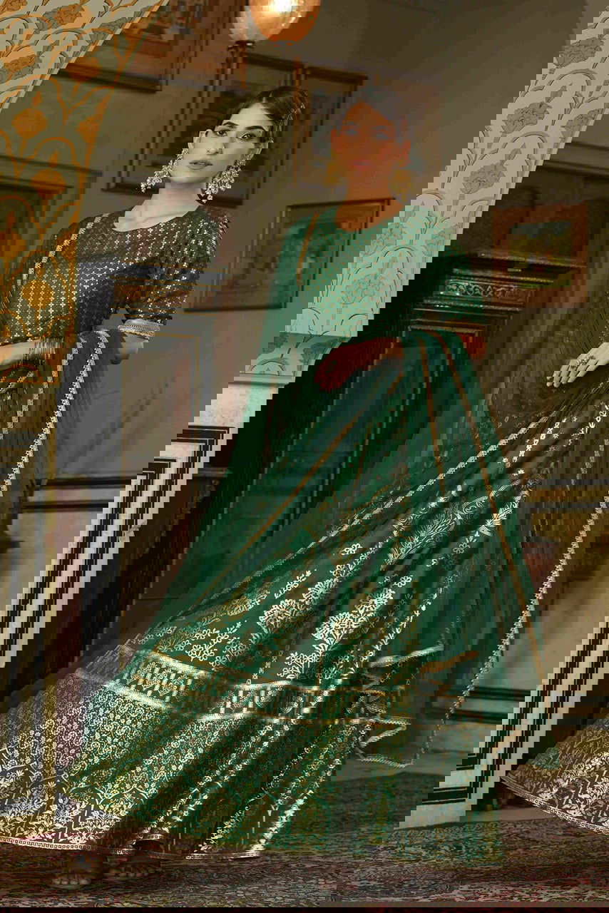 Juniper Green & Gold Ethnic Motif Printed Shantoon Slub Lehenga Choli & Net Dupatta Set. 