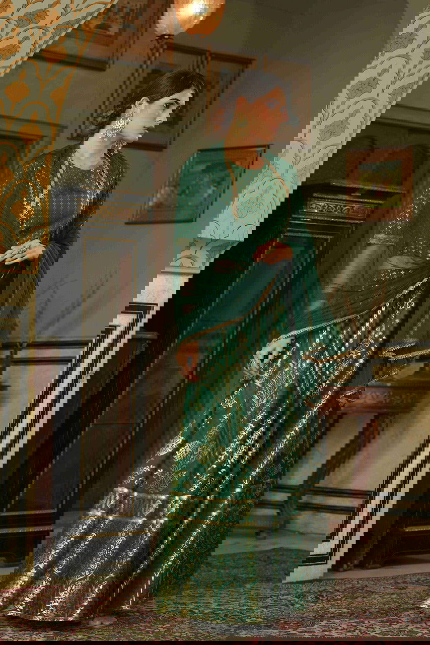 Juniper Green & Gold Ethnic Motif Printed Shantoon Slub Lehenga Choli & Net Dupatta Set. 