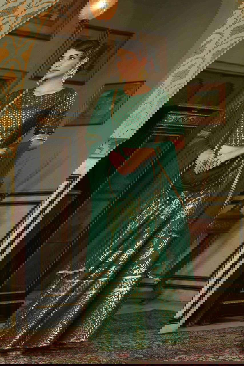 Juniper Green & Gold Ethnic Motif Printed Shantoon Slub Lehenga Choli & Net Dupatta Set. 