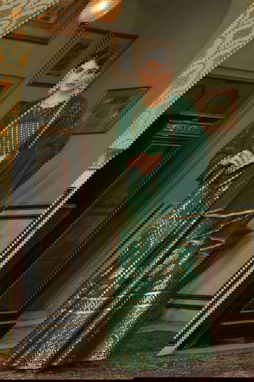 Juniper Green & Gold Ethnic Motif Printed Shantoon Slub Lehenga Choli & Net Dupatta Set. 