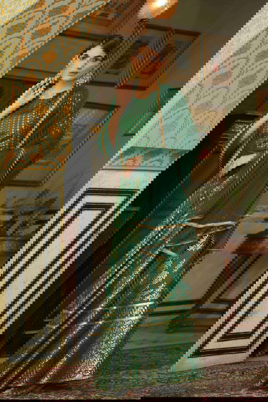 Juniper Green & Gold Ethnic Motif Printed Shantoon Slub Lehenga Choli & Net Dupatta Set. 