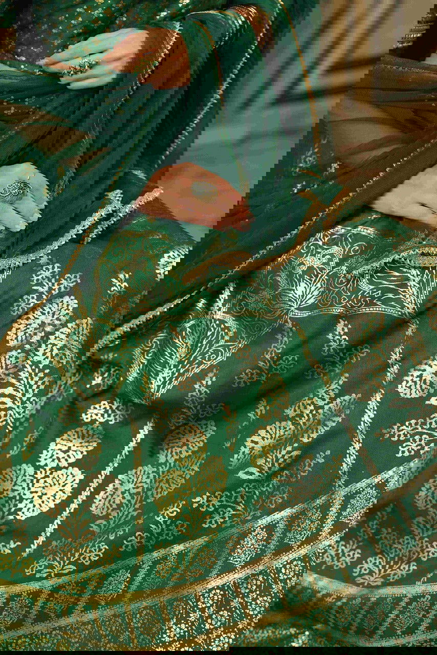 Juniper Green & Gold Ethnic Motif Printed Shantoon Slub Lehenga Choli & Net Dupatta Set. 