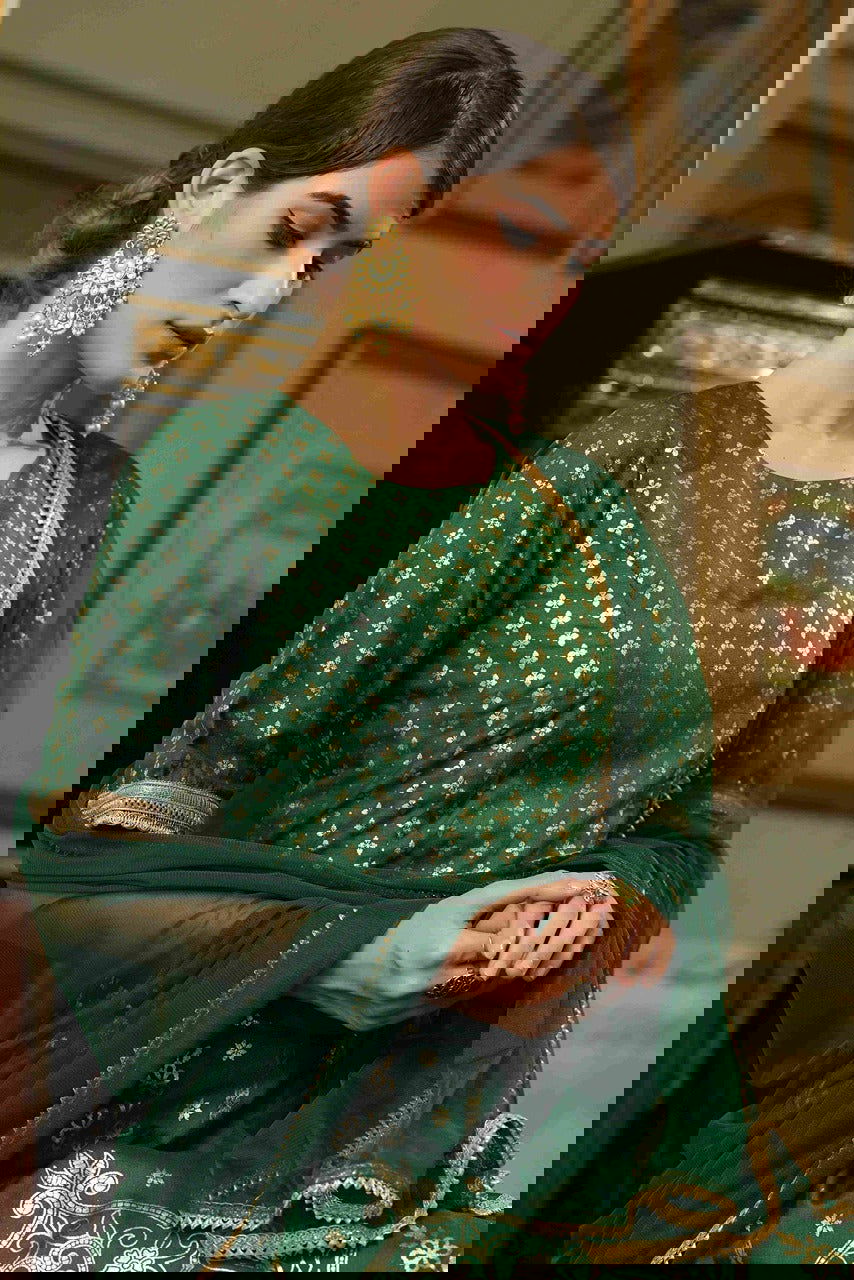 Juniper Green & Gold Ethnic Motif Printed Shantoon Slub Lehenga Choli & Net Dupatta Set. 