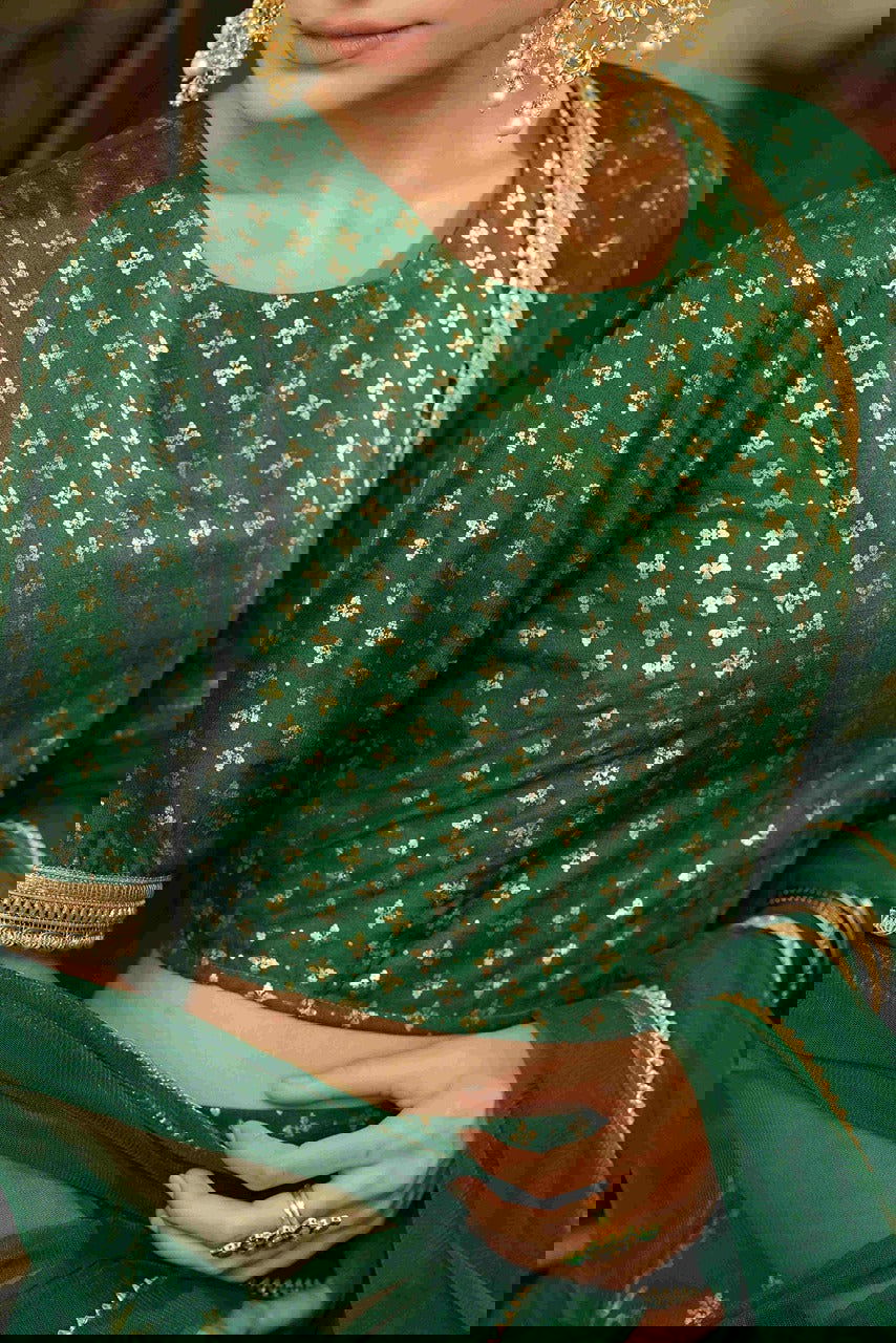 Juniper Green & Gold Ethnic Motif Printed Shantoon Slub Lehenga Choli & Net Dupatta Set. 