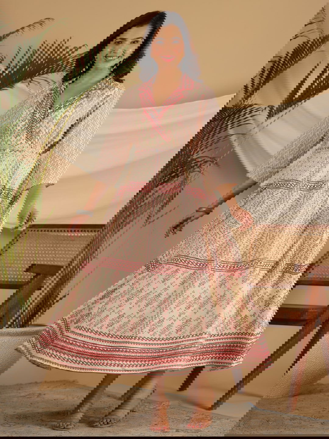 Juniper  Ivory Cotton Geometric Printed Fit & Flare Maxi Dress With Contrast Beads & Sequins 