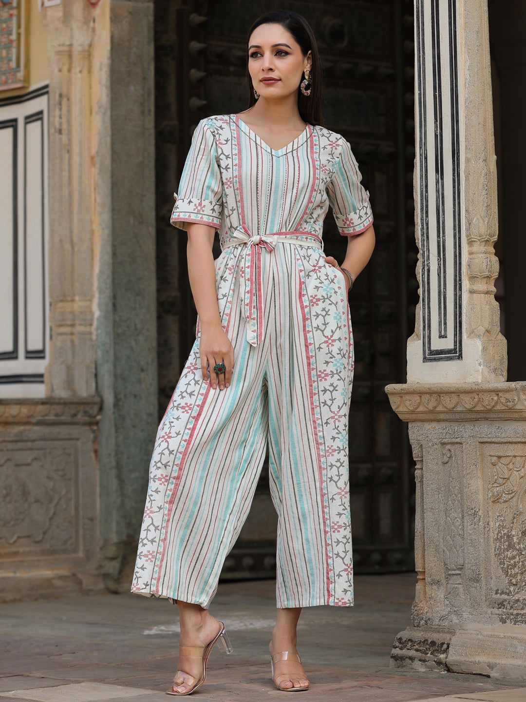 Juniper  Ivory Geometric Printed Cotton Flex Jumpsuit With Beads & Thread Work 