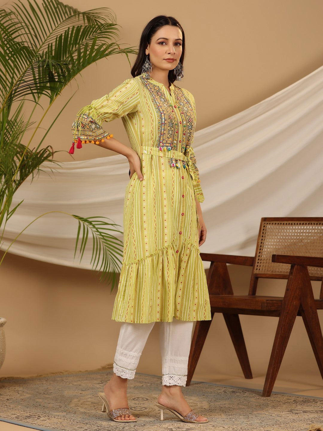 Juniper  Lime Green Geometric Printed Pure Cotton Kurta With Beads Work 