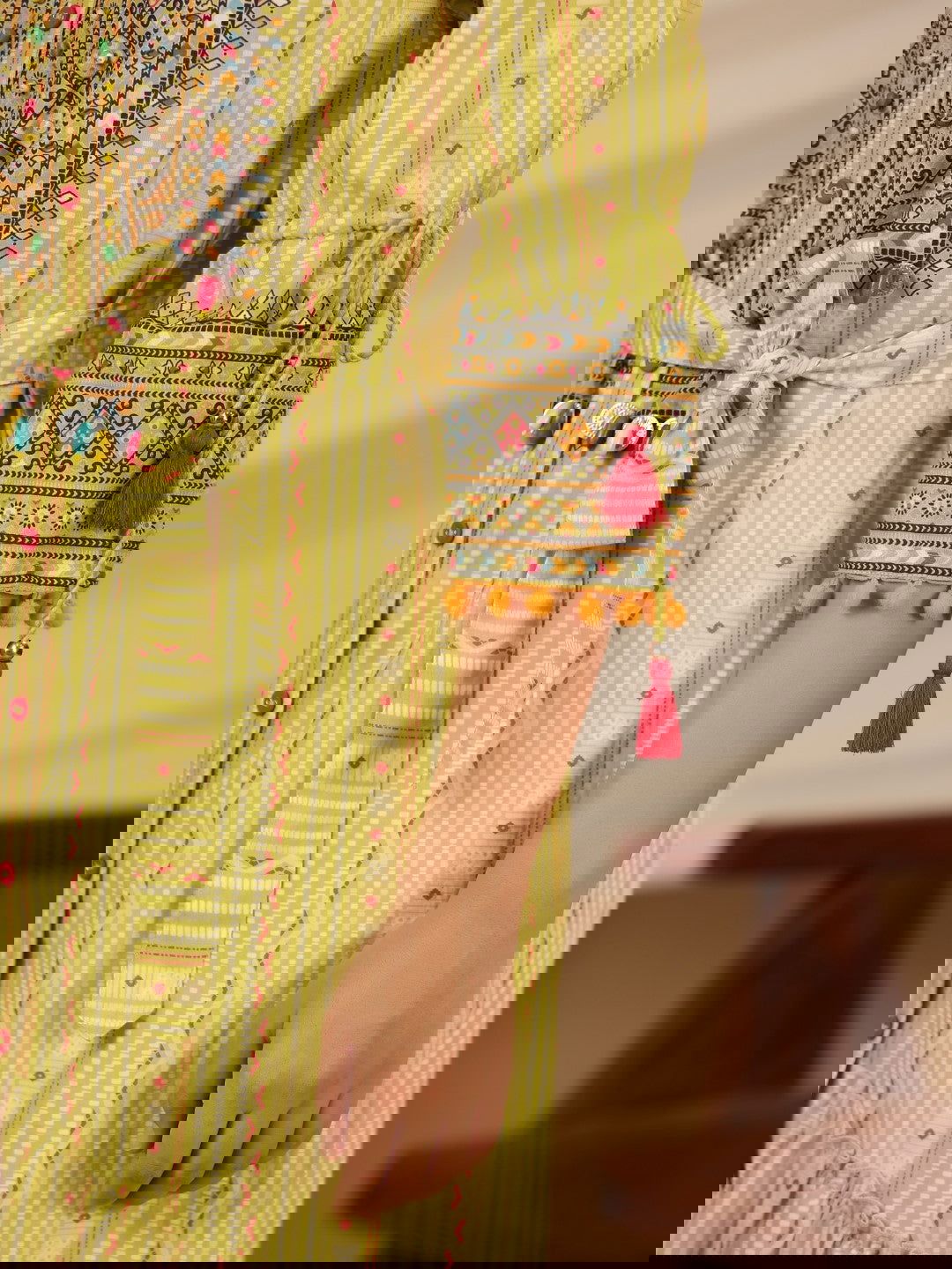 Juniper  Lime Green Geometric Printed Pure Cotton Kurta With Beads Work 