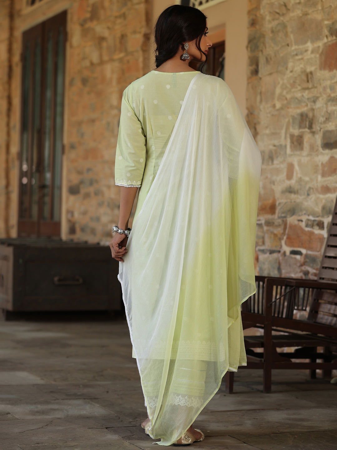 Juniper  Lime green Ethnic Motif Printed Pure Cotton Kurta Pants & Dupatta Set With Sequins Work 