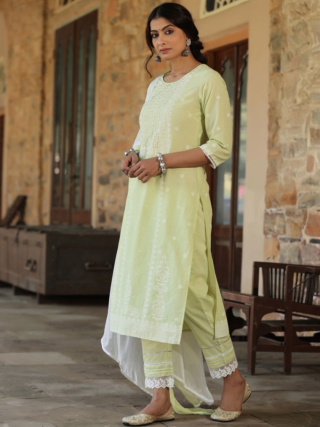 Juniper  Lime green Ethnic Motif Printed Pure Cotton Kurta Pants & Dupatta Set With Sequins Work 