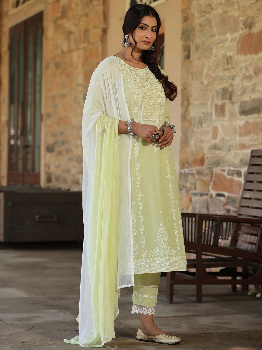 Juniper  Lime green Ethnic Motif Printed Pure Cotton Kurta Pants & Dupatta Set With Sequins Work 