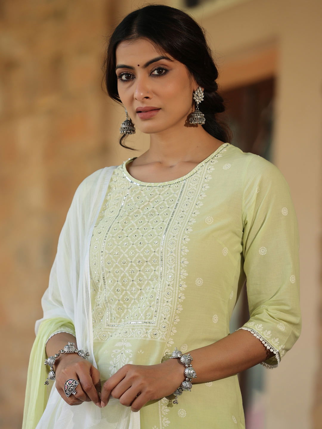 Juniper  Lime green Ethnic Motif Printed Pure Cotton Kurta Pants & Dupatta Set With Sequins Work 