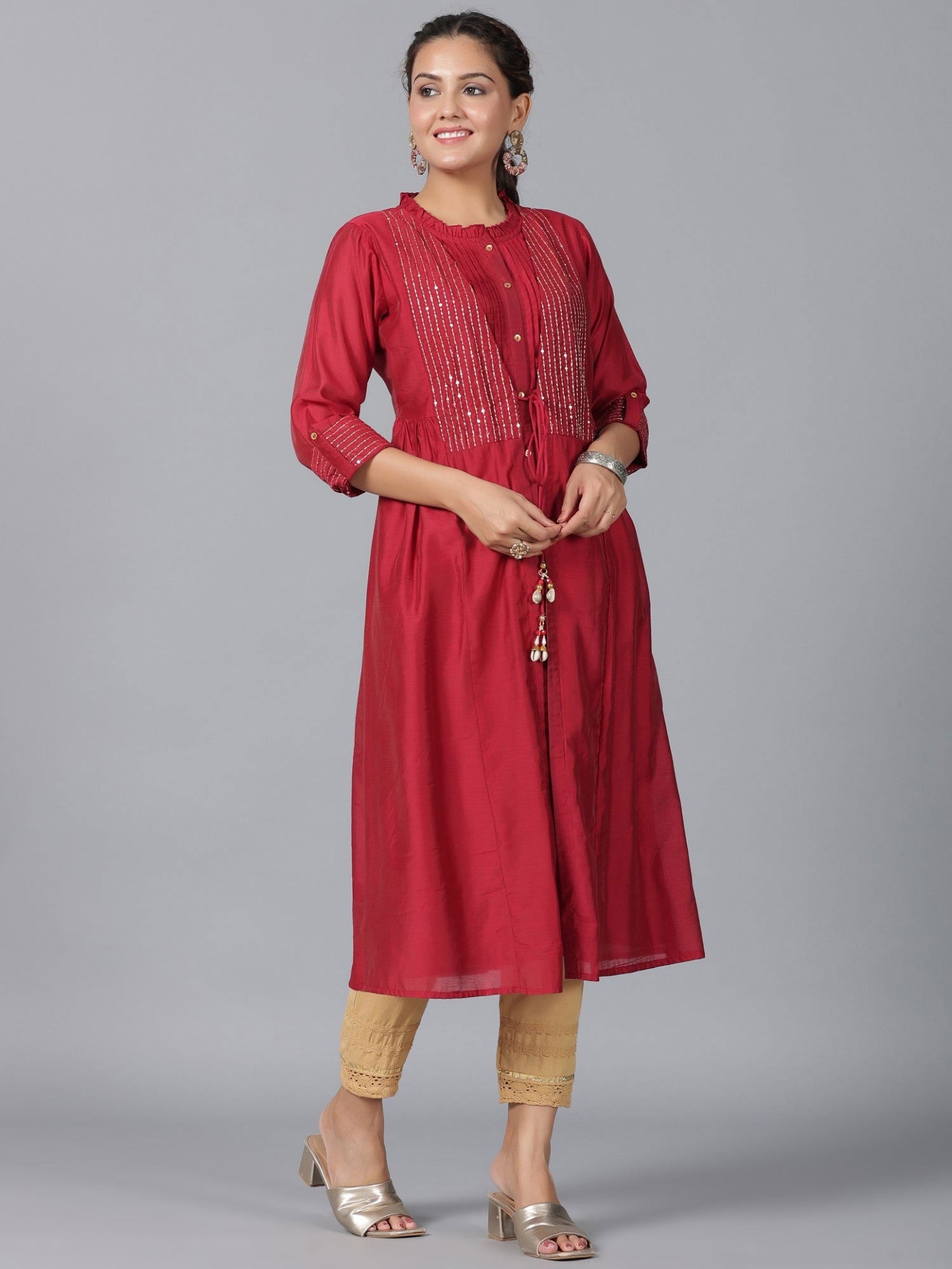 Juniper  Maroon Stripped Print Chanderi Embroidered Jacket Style Kurta Dress With Sequins & Zari Work 