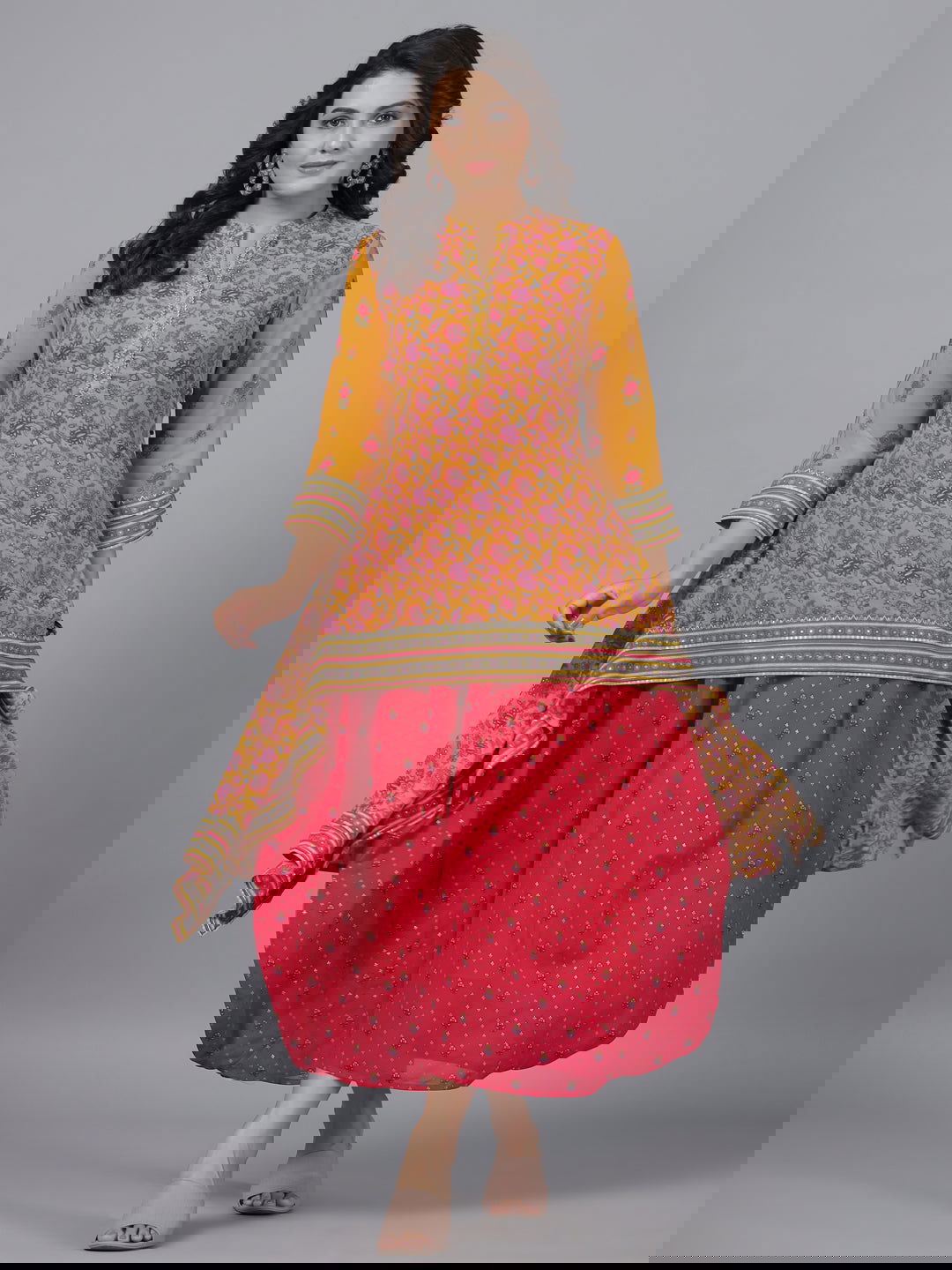 Juniper  Mustard Floral Printed Georgette Draped Maxi Dress With Sequins Work 