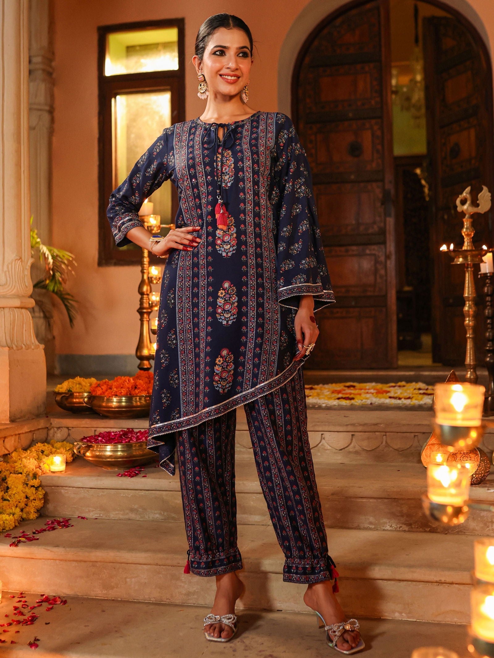 Juniper  Navy Blue Ethnic Motif Printed Rayon Kurta Pant Set With Beads & Sequins Work 