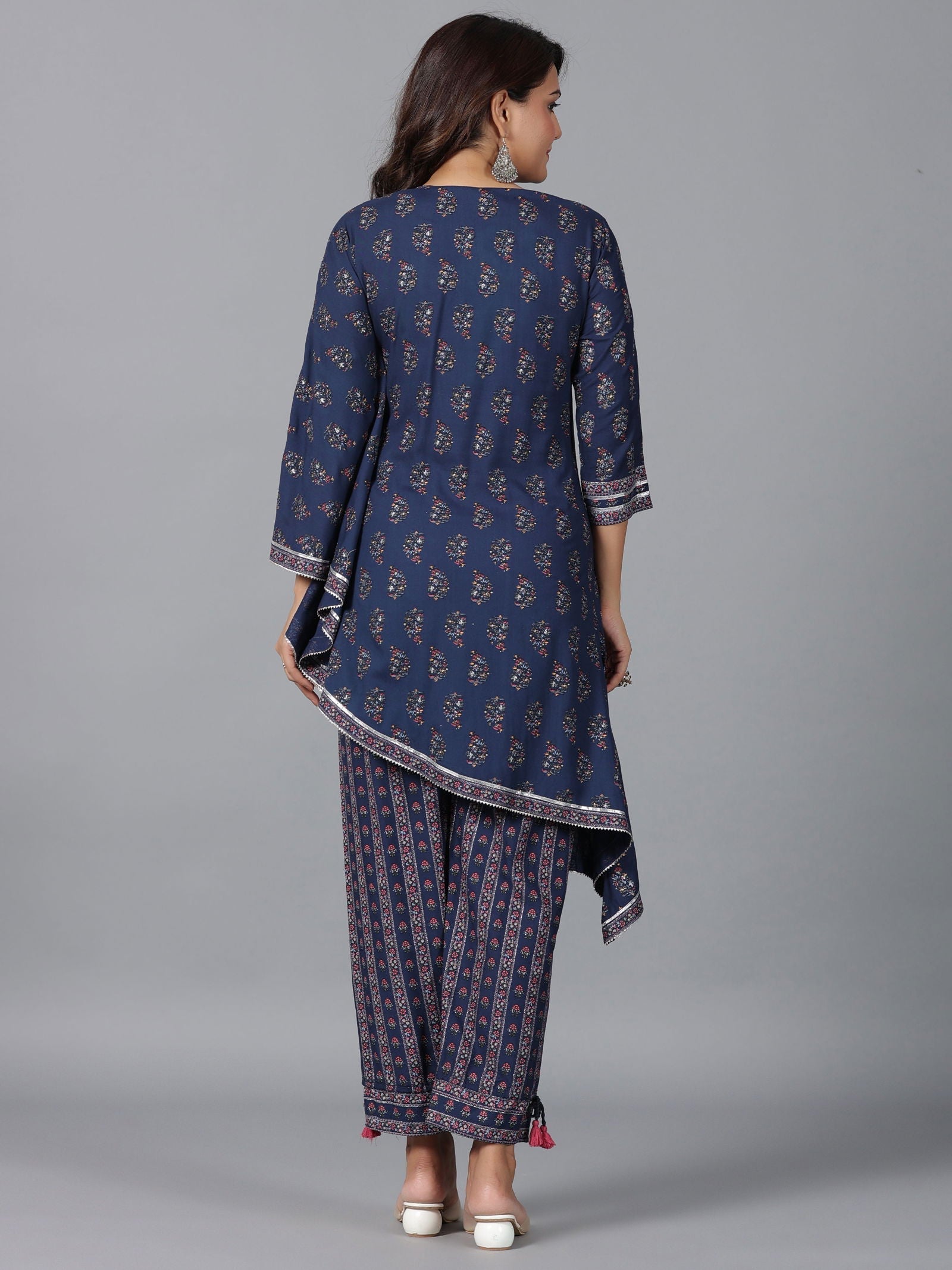 Juniper  Navy Blue Ethnic Motif Printed Rayon Kurta Pant Set With Beads & Sequins Work 