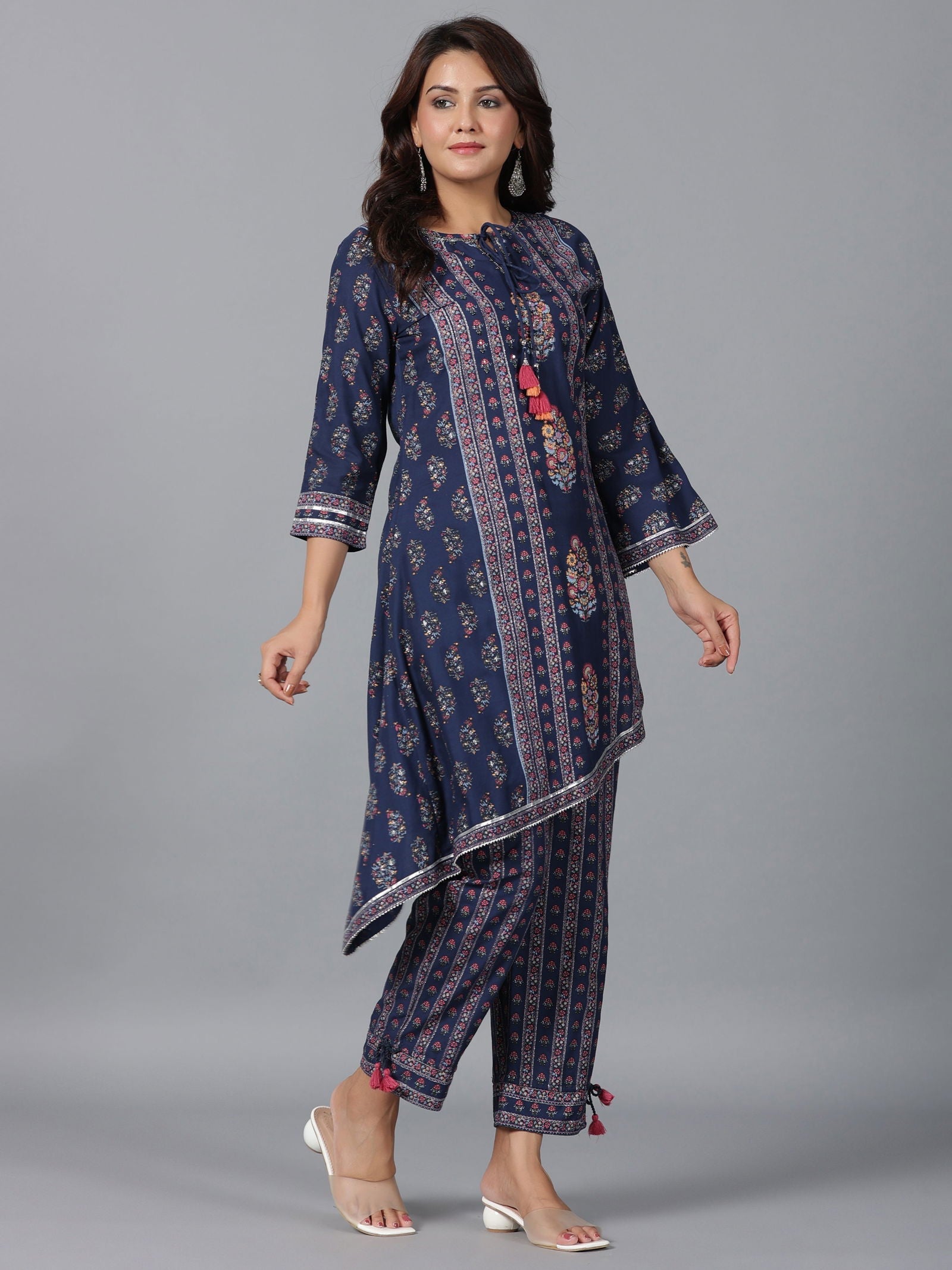 Juniper  Navy Blue Ethnic Motif Printed Rayon Kurta Pant Set With Beads & Sequins Work 