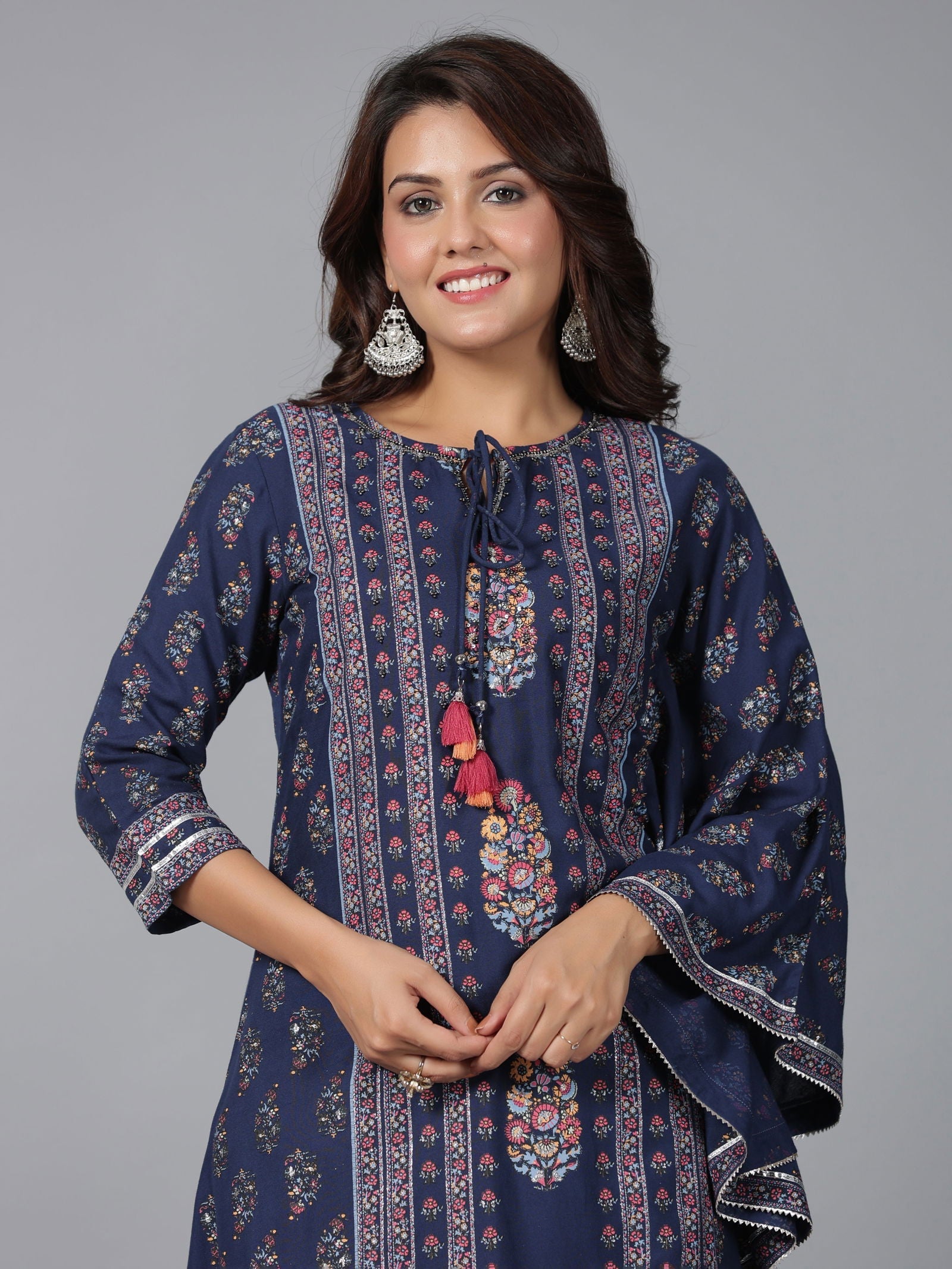 Juniper  Navy Blue Ethnic Motif Printed Rayon Kurta Pant Set With Beads & Sequins Work 