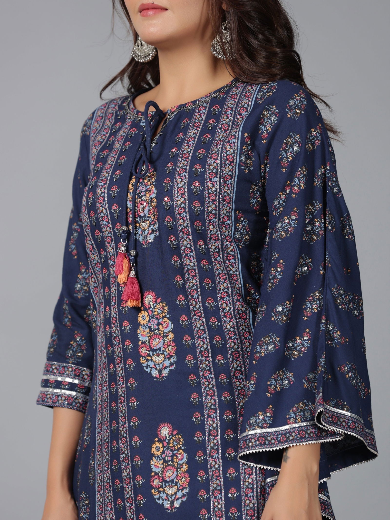 Juniper  Navy Blue Ethnic Motif Printed Rayon Kurta Pant Set With Beads & Sequins Work 
