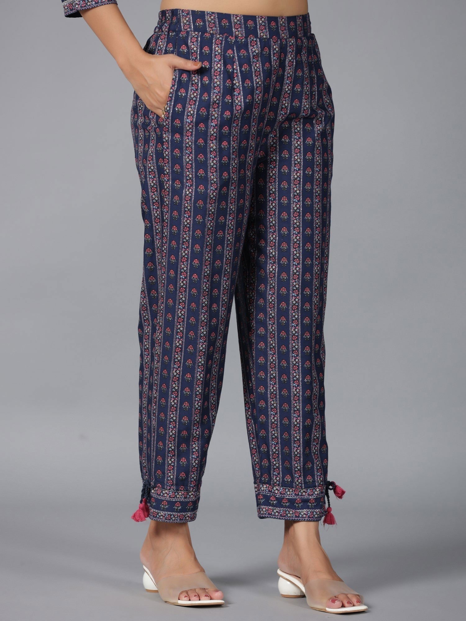 Juniper  Navy Blue Ethnic Motif Printed Rayon Kurta Pant Set With Beads & Sequins Work 