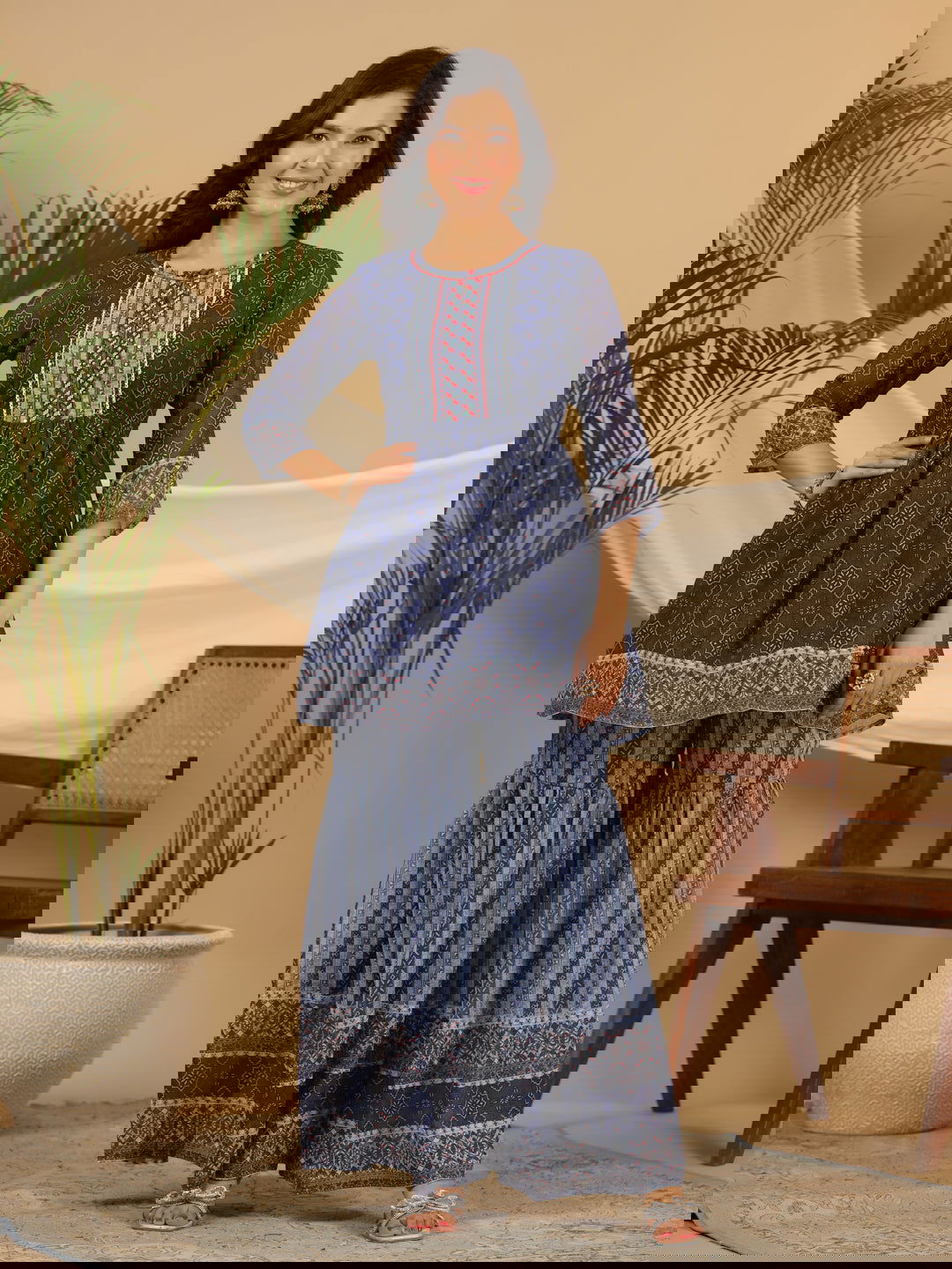 Juniper  Navy Blue Geometric Printed Georgette Gota Kurta Sharara & Dupatta Set With beads & Sequins 