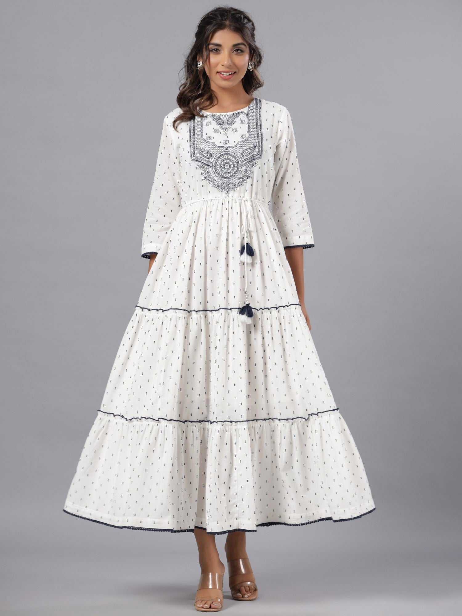 Juniper  Off-White Ethnic Motif Printed Cotton Dobby Tiered Maxi Dress With Thread Embroidery 