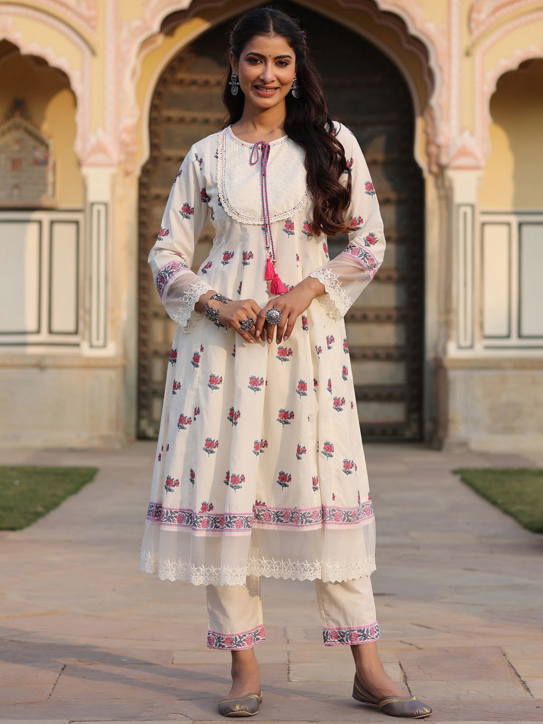 Juniper  Off-White Floral Printed Pure Cotton Lacy Kurta & Pants Set. 