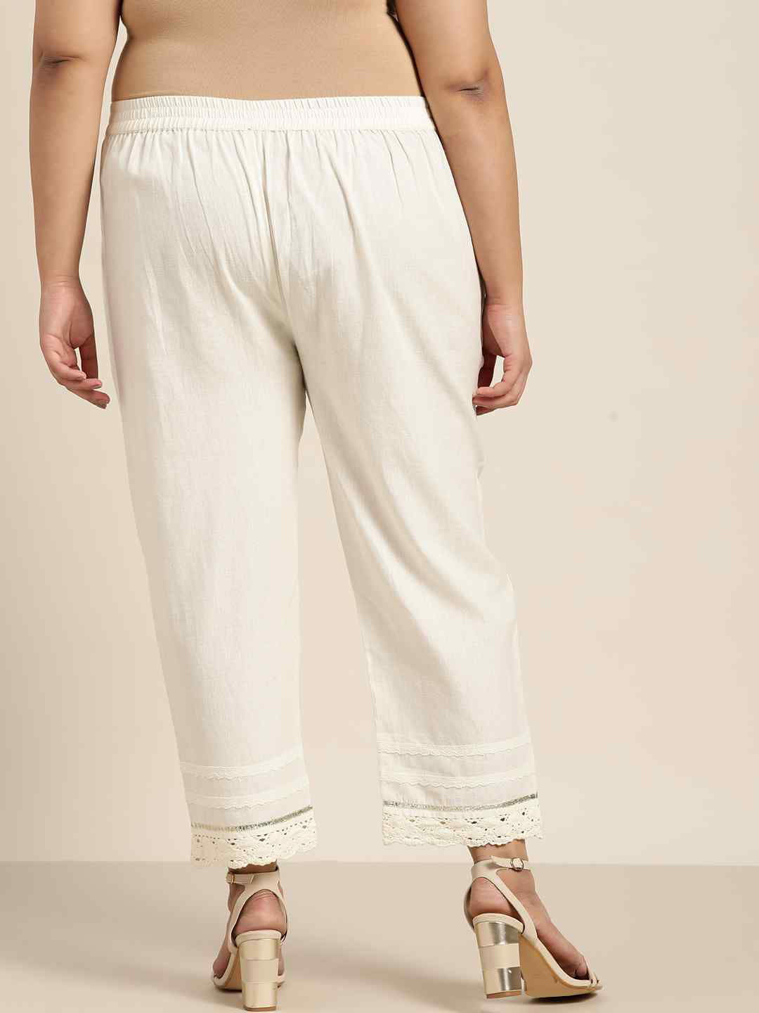 Juniper  Off White Grey Cotton Solid Cigarette Pants 