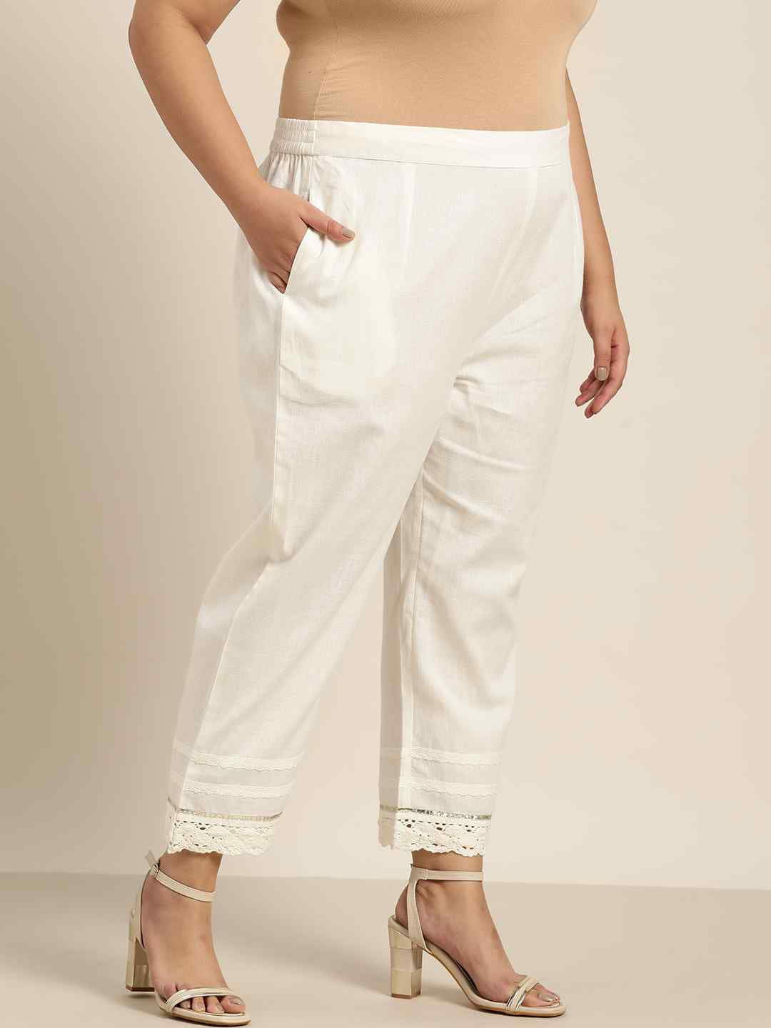 Juniper  Off White Grey Cotton Solid Cigarette Pants 