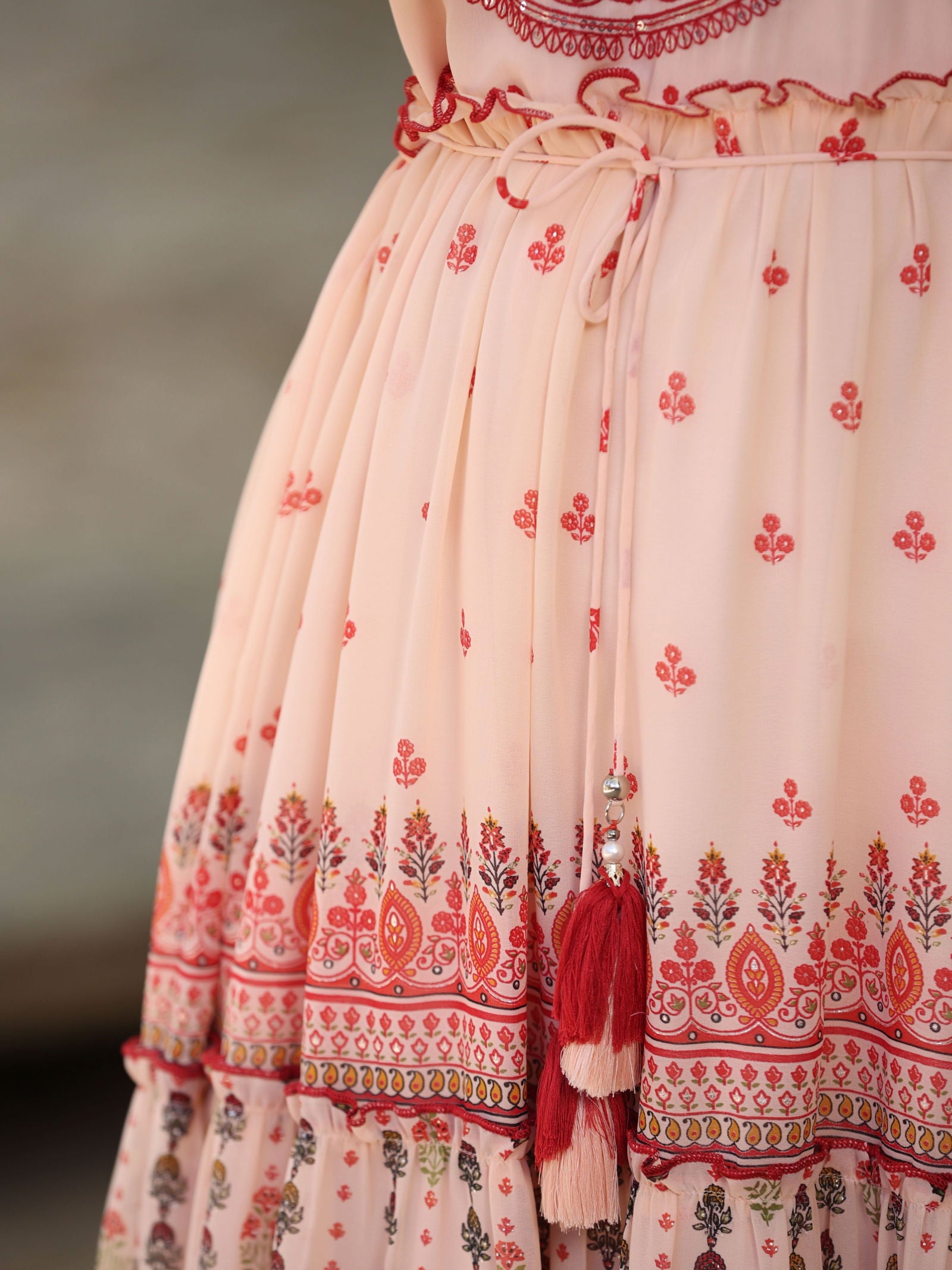 Juniper  Peach Ethnic Motif Printed Georgette Tiered Maxi Dress With Thread Embroidery 