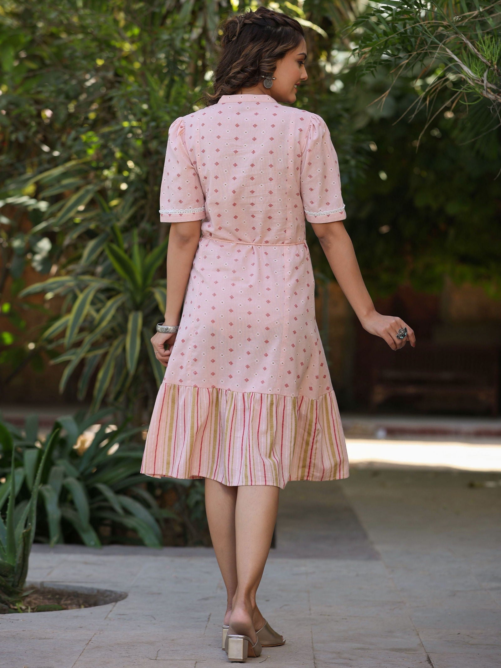 Juniper  Pink Geometric Printed Cotton Flex Dress With Lace Work 
